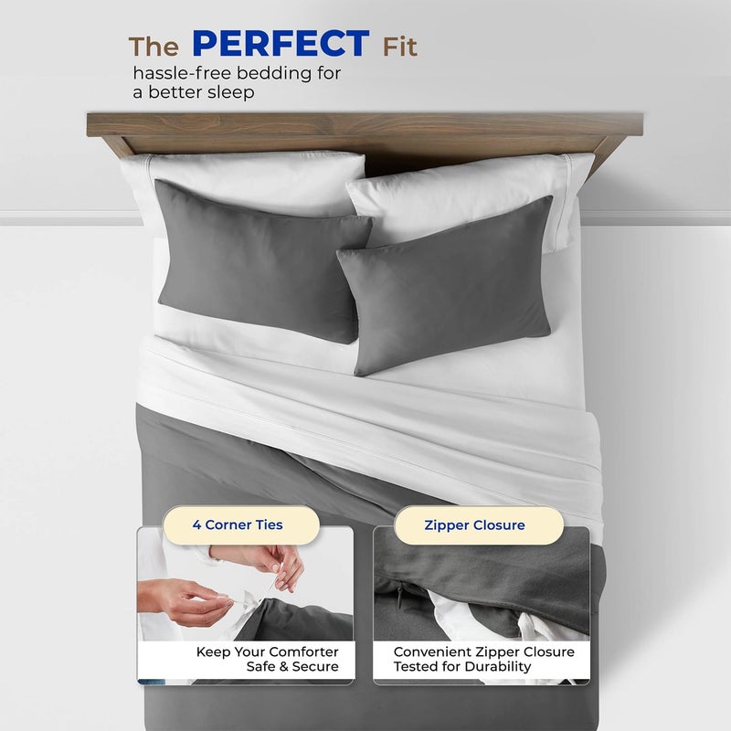 THREAD SPREAD Queen/Full Duvet Cover, 600 Thread Count Sateen 3Pc Egyptian Cotton Duvet Cover Set, 100% Pure Cotton Comforter Cover, 2 Pillow Shams, Zipper Closure, 7 Corner Ties - (Dark Grey) - Image 4